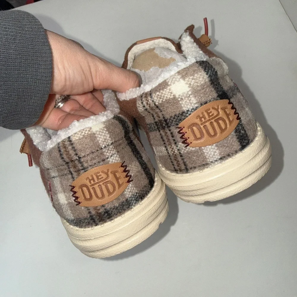 HEY DUDE $70 New Mens 12 Brown Casual Slip On Wally Cozy Plaid Shoes Box #33 - Picture 4 of 7